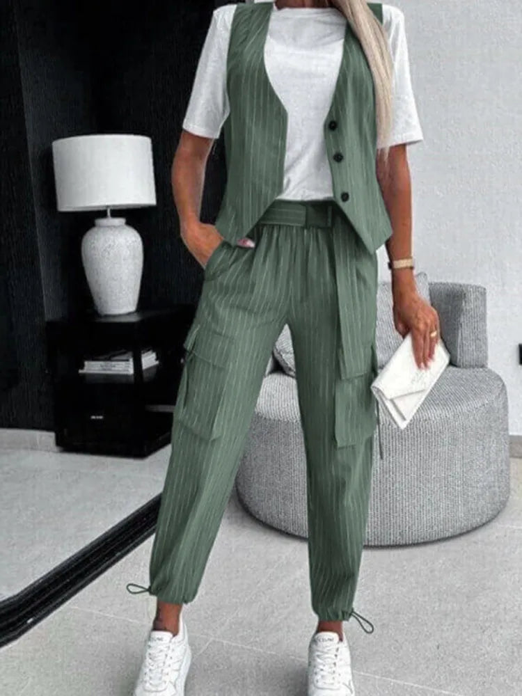 Pants Set - White Striped Vest Suit For Women Summer Casual V-neck Button Top Pocket Loose Pants Outfits Two-piece Suit For Women Elegant