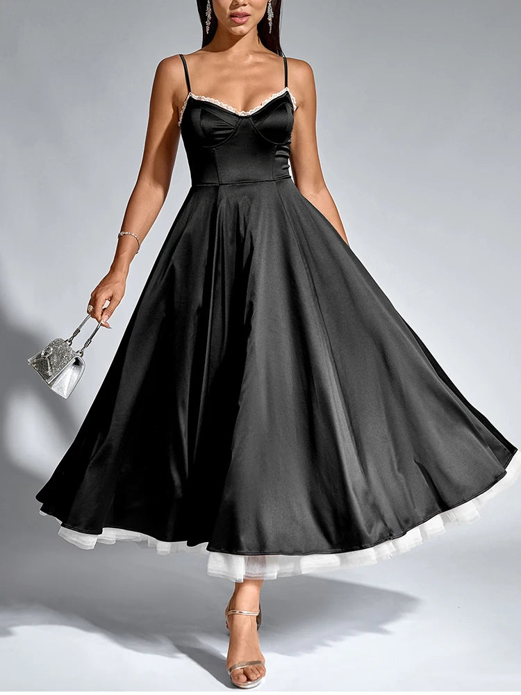 Elegant Dresses - Women's Adjustable Straps V-Neck Lace Slip Long Corset Dress Backless Contrast Elegant Casual Party Midi Dresses Black