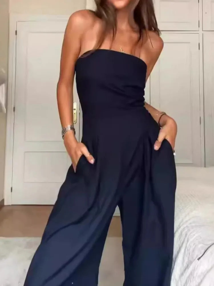 Pantsuits - Summer Women's Jumpsuit Fashion Strapless Solid Color Sleeveless Loose Wide Legs Pants Casua Romper High Streetwear Female Cloth