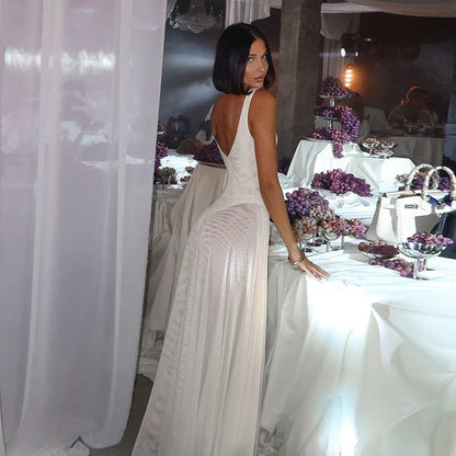 See-through Dresses - White Mesh Pleated Evening Club Party Dress Women Robes Backless Elegant Sexy Dress Bodycon Long Summer Dress Vestidos