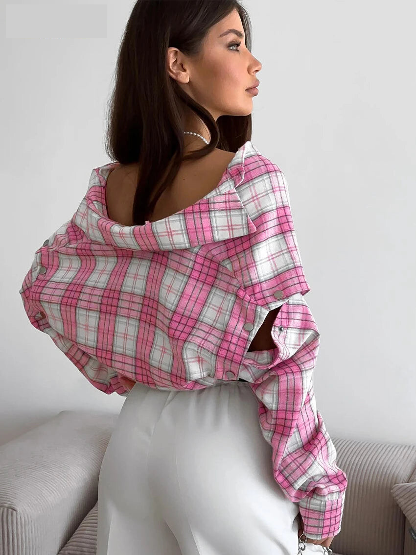 Shirts - Fashion Loose Plaid Office Women's Shirt Vintage Lapel Long Sleeve Shirts Elegant Classic Blouse Top Female Clothing