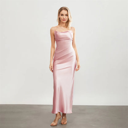 Satin Dresses - Backless Spaghetti Straps Party Long Dresses 2024 New Evening Gown Satin Vestidos Women's Cowl Neck Slip Wrap Dress