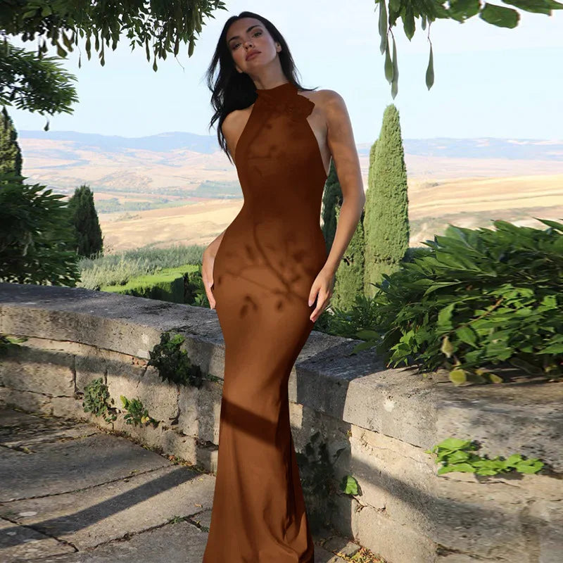 Elegant Dresses - Flower Sleeveless Sexy Maxi Dress For Women Gown Fashion Halter Backless Bodycon Evening Club Long Dress Vestido