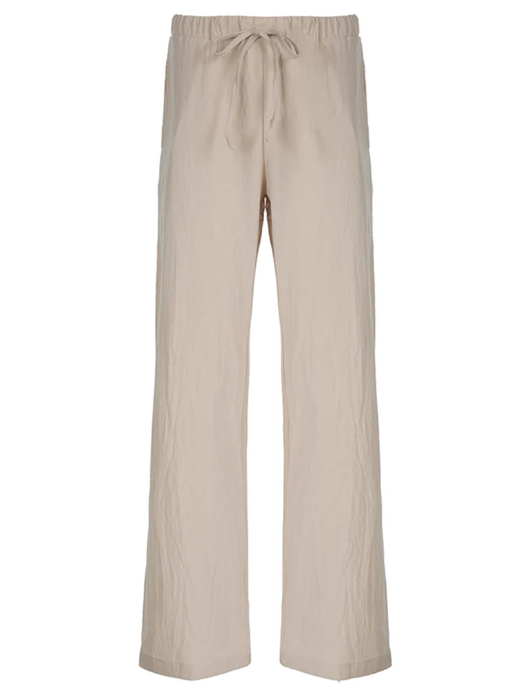 Pants - Sweetown Solid Loose Casual Boho Straight Leg Pants For Women Simple Lazy Comfortable Summer Vacation Trousers