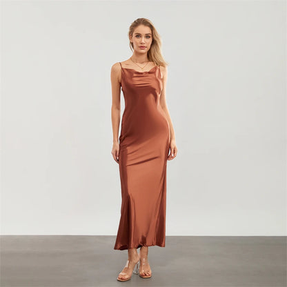 Satin Dresses - Backless Spaghetti Straps Party Long Dresses 2024 New Evening Gown Satin Vestidos Women's Cowl Neck Slip Wrap Dress