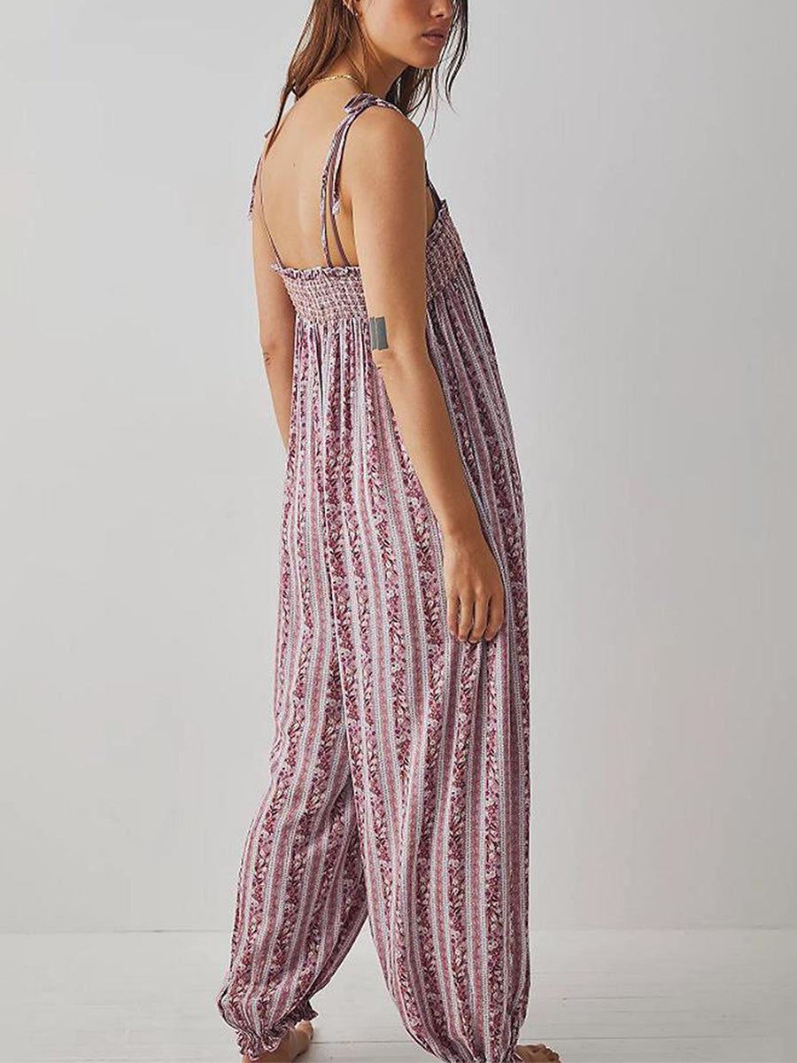 Jumpsuits - Women Summer Cami Jumpsuits Retro Floral Print Tie-Up Spaghetti Strap Sleeveless Long Rompers Fashion Loose Playsuits