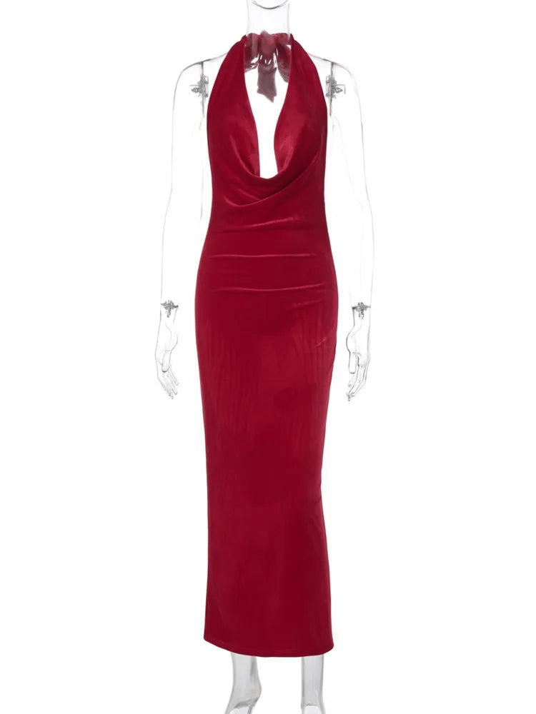 Elegant Dresses - Halter Backless Sexy Maxi Dress For Women Gown Fashion Lace-up Deep V Neck Sleeveless Bodycon Split Long Dress Elegant