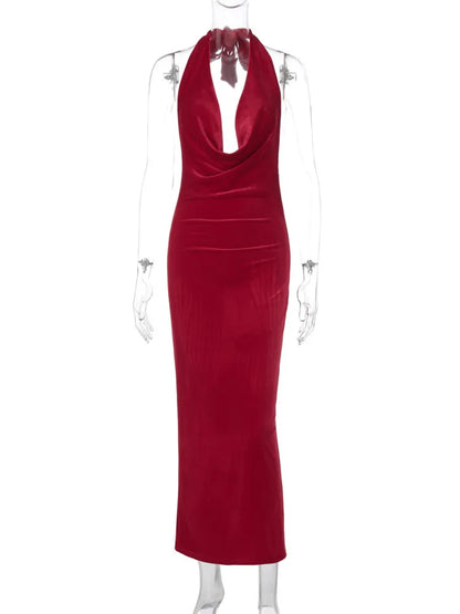 Elegant Dresses - Halter Backless Sexy Maxi Dress For Women Gown Fashion Lace-up Deep V Neck Sleeveless Bodycon Split Long Dress Elegant