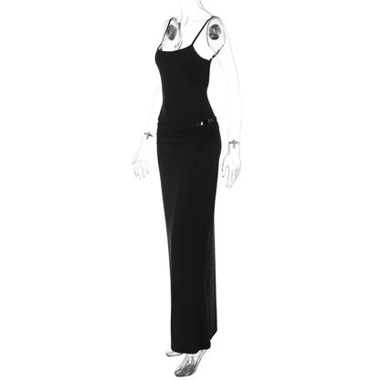Party Dresses - Black Sexy Dress Sets Women Spaghetti Strap Bodysuit And Maxi Skirt Matching Sets Backless Slim Fit Long Skirt Set