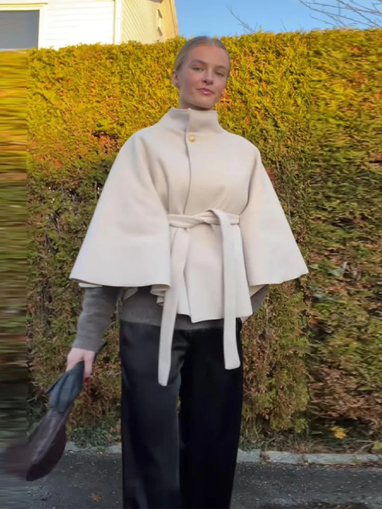 Coats - Elegant Stand Women's Coat Solid Long Sleeve Button Belted Lace-Up Cardigan Jacket 2025 Autumn Winter Outerwear Female Tops