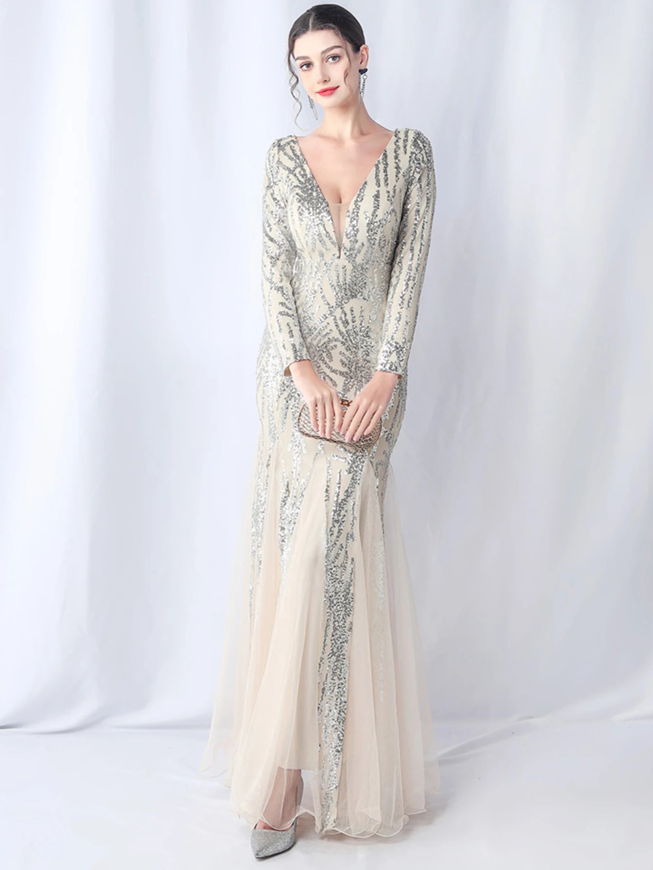 Sequin Dresses - Sexy backless maxi sequin summer dress women 2024 elegant luxury mesh wedding party dress long sleeve evening dresses vestidos