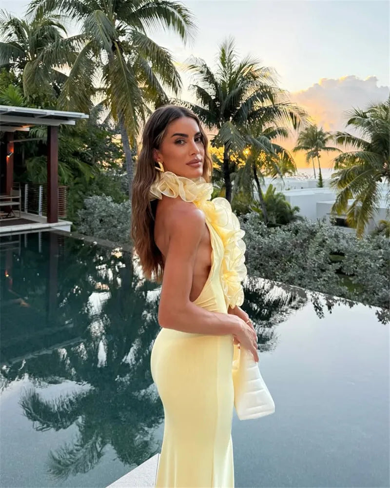 Mozision Mesh Rose Deep V Neck Sexy Maxi Dress For Women Gown Elegant Halter Sleeveless Backless Bodycon Club Party Long Dress