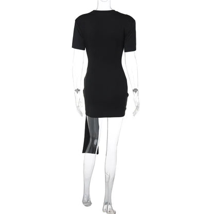 Mini Dresses - Short Sleeve Draped Sexy Mini Dress For Women Black Metal Buckle O Neck High Waist Bodycon Club Dress Vestido Clothes