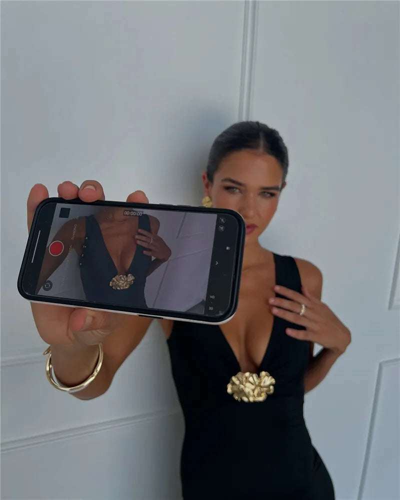 Elegant Dresses - Elegant Deep V Neck Front Gold Clasp Sexy Maxi Dress For Women Black Gown Sleeveless Slim Fit Long Tank Dress Elegant