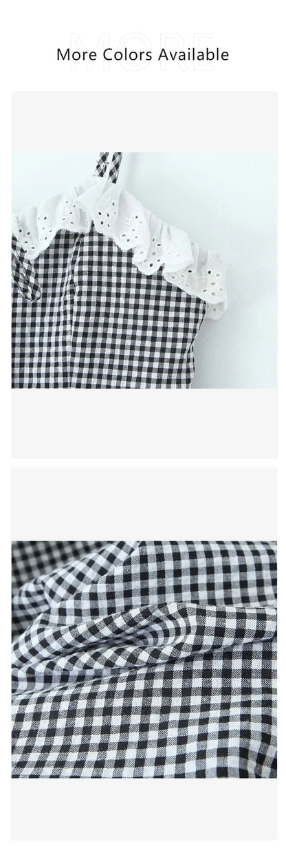 Plaid Dresses - Summer New Women's Dress Style French Lace Plaid Wrapped Chest Dress Shoulder Straps Detachable