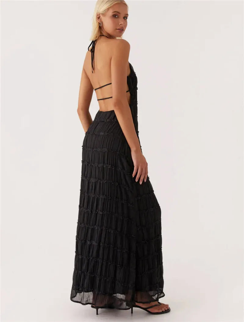 Party Dresses - Mozision Halter Backless Sexy Maxi Dress For Women Spring Summer New Lace-up Sleeveless Pleated Beach Holiday Long Dress Elegant