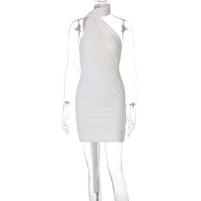Halter Dresses - Mesh Strapless Backless Sexy Mini Dress For Women Robe Fashion Off-shoulder Sleeveless Ruched Bodycon Club Dress