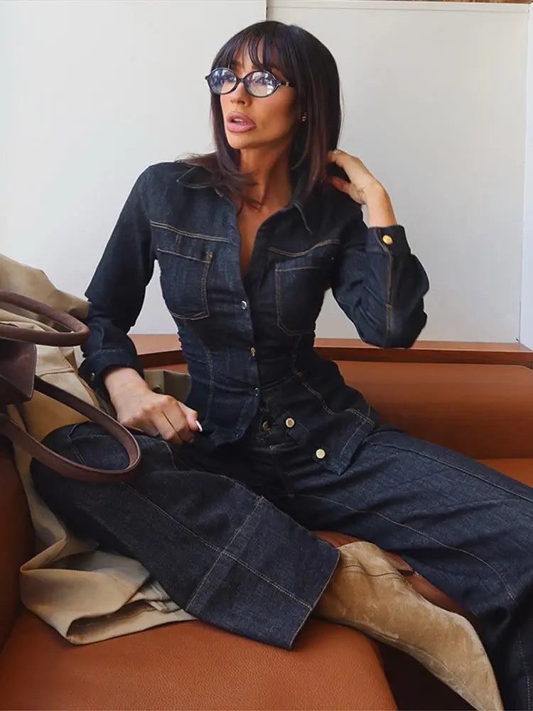 Pants Set - Denim Pants Set Women Lapel Long Sleeve Single Breasted Slim Jacket Zippers Straight Jeans Trousers 2025 Spring Lady Streetwear