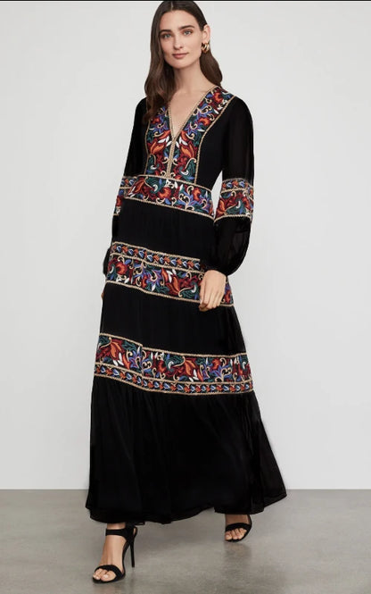Kaftans - Jastie Embroidered Women Maxi Dress V-Neck Batwing Sleeve Loose Oversize Summer Dresses Drawstring Waist Boho Beach Vestidos