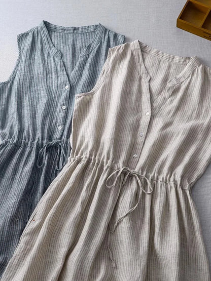 Casual Dresses - Cotton Sleeveless Dresses for Women 2025 New Summer Elegant Drawstring Tank Dress Casual Loose Vintage Stripe Female Midi Dress