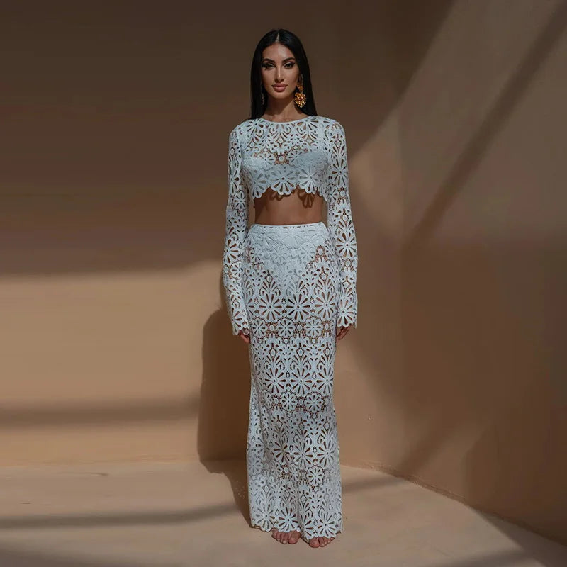 Matching Sets - Elegant See Through Crochet Top Women Set Hallow Out Flare Long Sleeve Top Slim Empire Hip Package Skirts 2025 Summer Lady Set