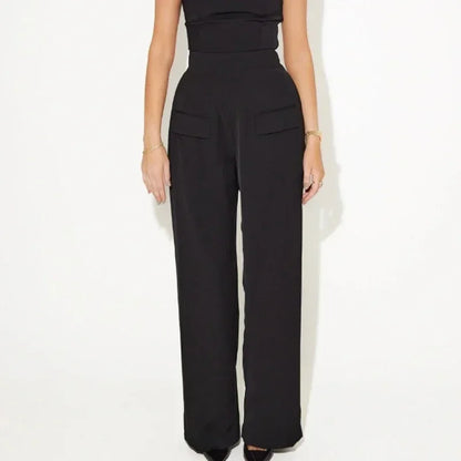 Pants Sets - Solid Square Collar Halter Vest Pants Sets Women Slim Backless Sleeveless Tops High Waist Wide Leg Pant 2025 Lady Office Outfit
