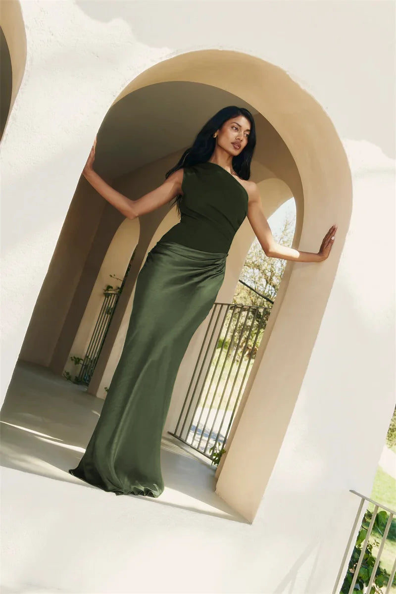 Elegant Dresses - Satin Inclined Shoulder Sexy Maxi Dress Women Fashion Patchwork Sleeveless Backless Bodycon Evening Club Party Dress