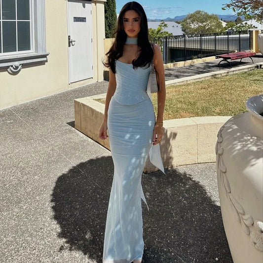 Elegant Matching Sets - Elegant Maxi Wedding Guest Dress Set Sexy Strapless Blue Cropped Top Set Bodycon Holiday Party Dresses Women