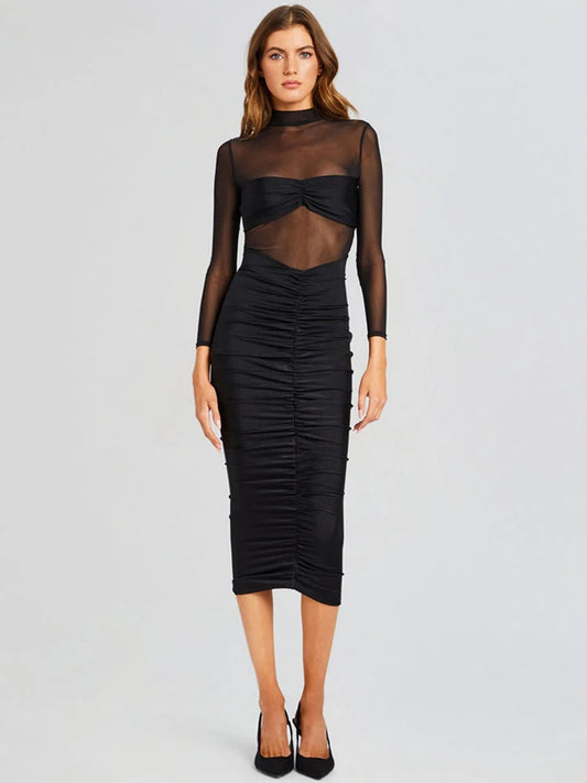 Bodycon dresses - Mozision Sheer Long Sleeve Ruched Sexy Maxi Dress Women Fashion Half High Collar See Through Backless Bodycon Sexy Long Dress