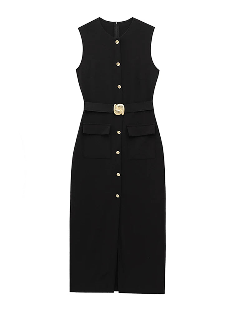 Buttoned Dresses - Long Dress With Belt Women Slim Single Breasted Front Split Sleeveless Female Dresses 2025 Summer Lady Vestido