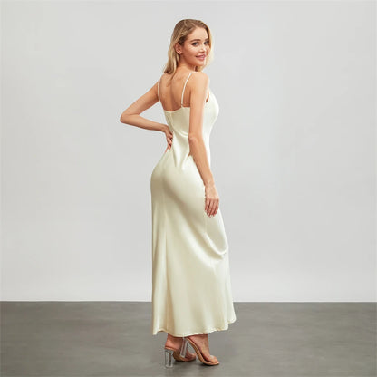 Satin Dresses - Backless Spaghetti Straps Party Long Dresses 2024 New Evening Gown Satin Vestidos Women's Cowl Neck Slip Wrap Dress