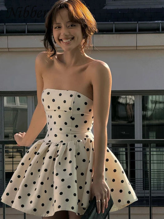 Fit and Flare Dresses - Dots Print Dress Women Chest Wrap Backless Bow Applique Ruffles Loose Hem 2025 Y2k Trend Streetwear Chic Mini Bodycon