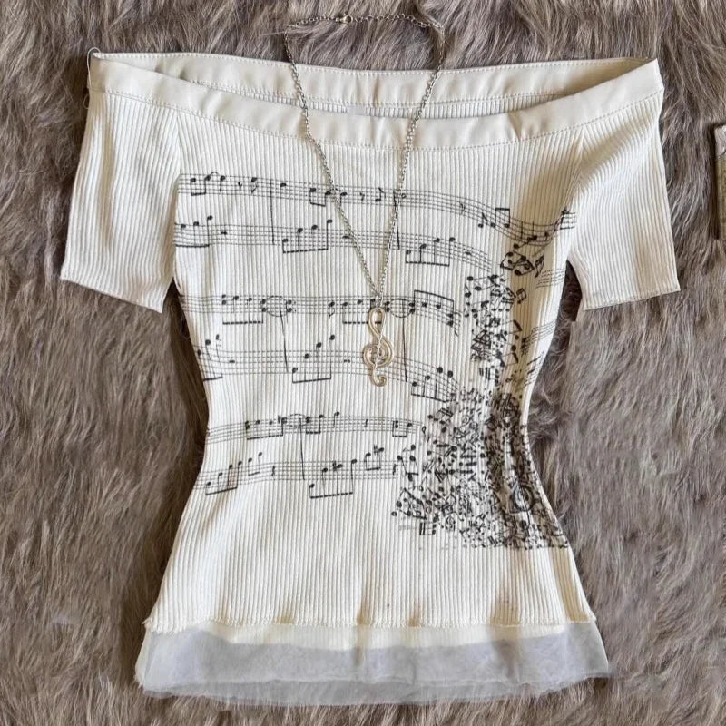 Off Shoulder Tops - Korean 2000s Punk Goth Girls Graphic Tops Off Shoulder Sexy Lace Cotton T Shirts Cute Music Pattern Y2K Sweet Women Crop Tops