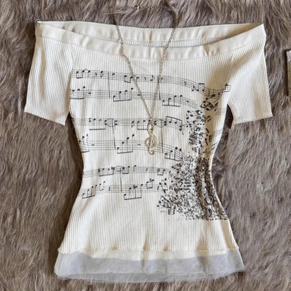 Off Shoulder Tops - Korean 2000s Punk Goth Girls Graphic Tops Off Shoulder Sexy Lace Cotton T Shirts Cute Music Pattern Y2K Sweet Women Crop Tops