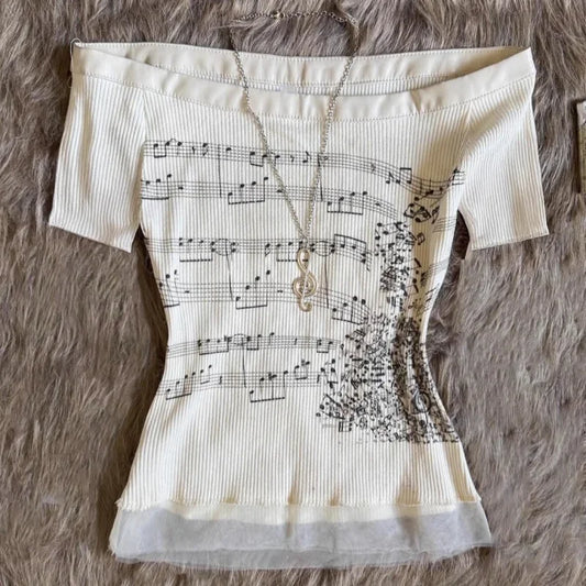 Off Shoulder Tops - Korean 2000s Punk Goth Girls Graphic Tops Off Shoulder Sexy Lace Cotton T Shirts Cute Music Pattern Y2K Sweet Women Crop Tops