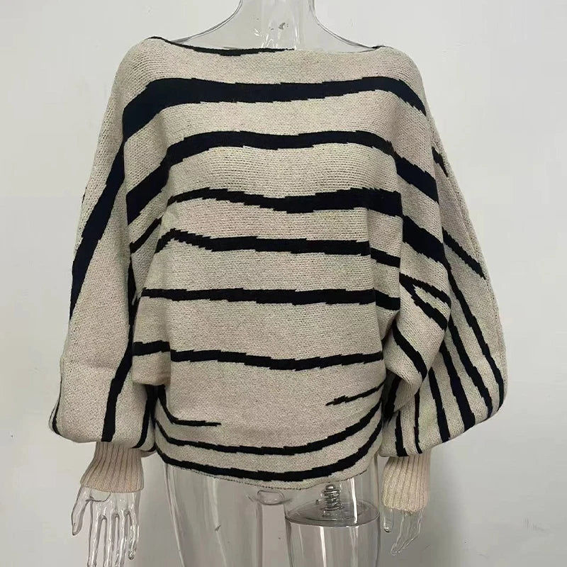 Knit Sweaters - Fall Winter 2025 Women Sweater Loose Style Slash Collar Batwing Sleeve Zebra Color Block Pullover Jumper Knitwear Jacket 59904