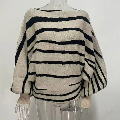 Knit Sweaters - Fall Winter 2025 Women Sweater Loose Style Slash Collar Batwing Sleeve Zebra Color Block Pullover Jumper Knitwear Jacket 59904