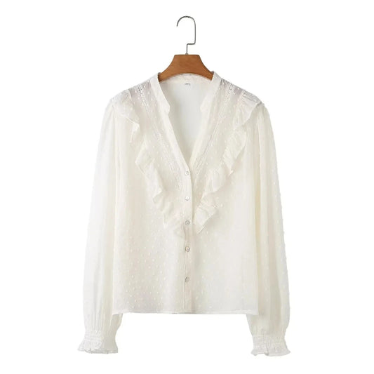 Blouses - 2025 Spring Summer Women French Fashion Chiffon Shirts Ruffle Design Single-breasted Vintage Blouses