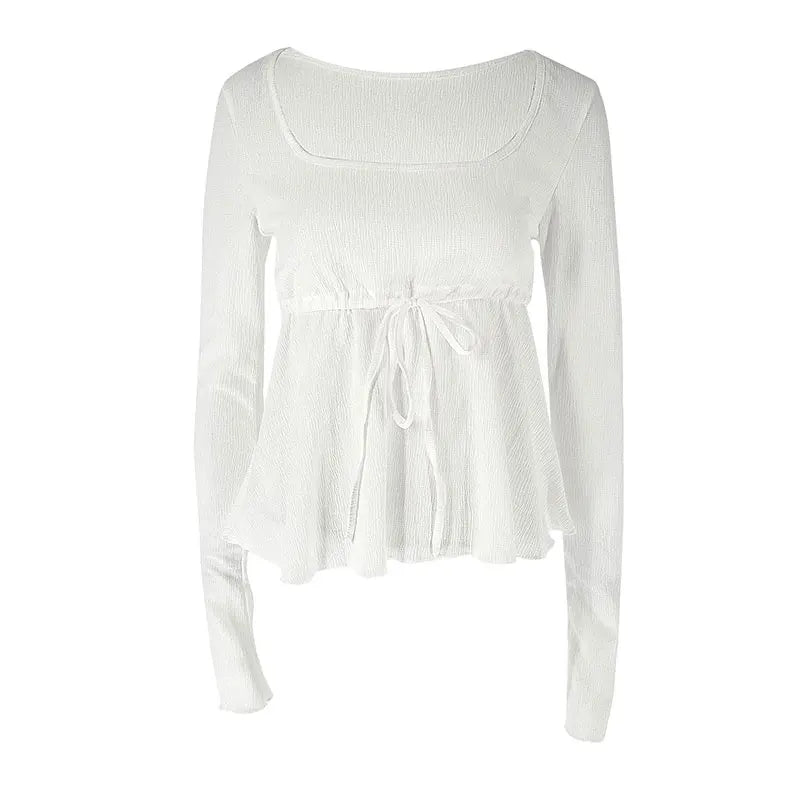 Peplum Tops - Autumn New T-shirt Women Streetwear Sexy Sheer Solid Top Fashion Lace-up Long Sleeves Crop O-Neck Casual Slim Versatile T-shirt