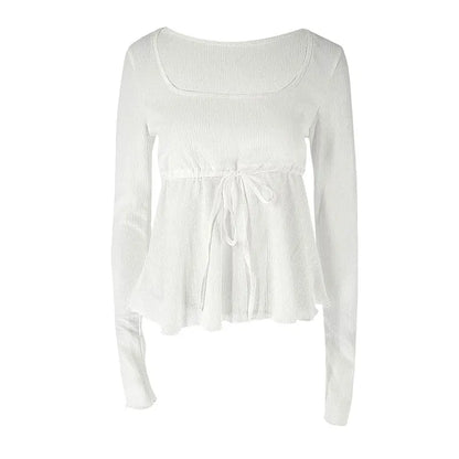 Peplum Tops - Autumn New T-shirt Women Streetwear Sexy Sheer Solid Top Fashion Lace-up Long Sleeves Crop O-Neck Casual Slim Versatile T-shirt