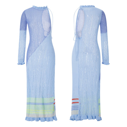 Beach Dresses - Contrast Color Hollow-Out Knit Beach Long Dress 2023 Summer See-Through One-Shoulder Long Sleeve Halter Tie-up Cover-Ups Dress