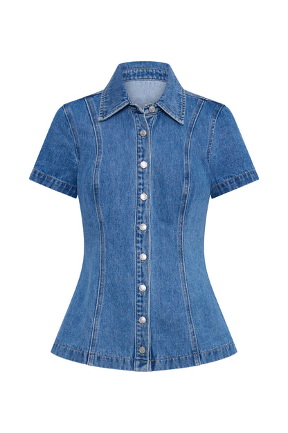Skirt Sets - Retro Denim Slim Shirt Mini Skirt Woman's Set Classic Lapel Waist-cinching Short Sleeve Jackets A-lined Skirts Sets Female Chic
