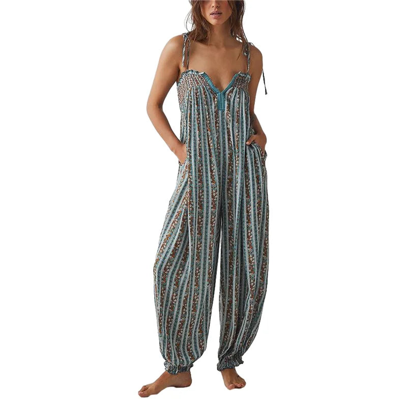 Jumpsuits - Women Summer Cami Jumpsuits Retro Floral Print Tie-Up Spaghetti Strap Sleeveless Long Rompers Fashion Loose Playsuits