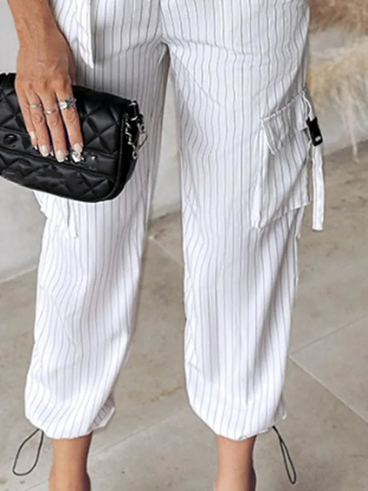 Pants Set - White Striped Vest Suit For Women Summer Casual V-neck Button Top Pocket Loose Pants Outfits Two-piece Suit For Women Elegant