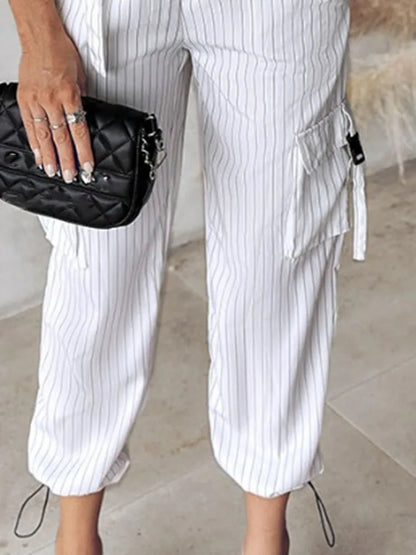 Pants Set - White Striped Vest Suit For Women Summer Casual V-neck Button Top Pocket Loose Pants Outfits Two-piece Suit For Women Elegant