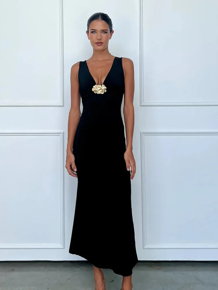 Elegant Dresses - Elegant Deep V Neck Front Gold Clasp Sexy Maxi Dress For Women Black Gown Sleeveless Slim Fit Long Tank Dress Elegant