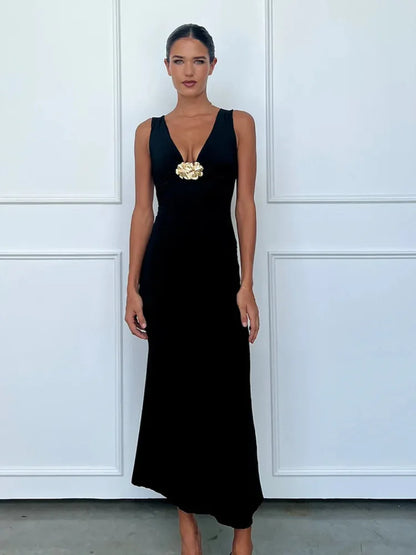 Elegant Dresses - Elegant Deep V Neck Front Gold Clasp Sexy Maxi Dress For Women Black Gown Sleeveless Slim Fit Long Tank Dress Elegant