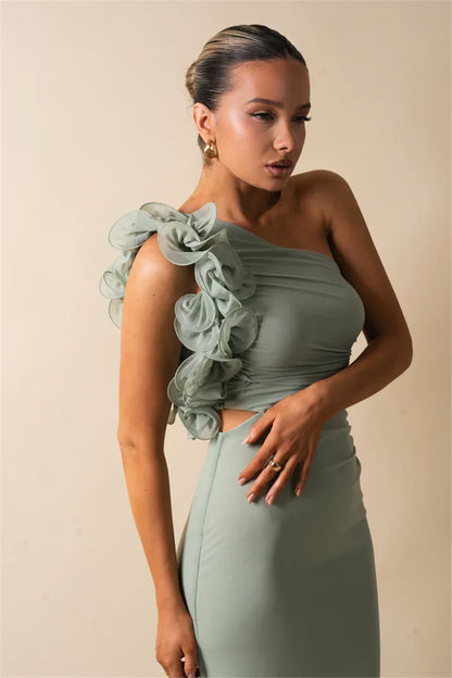 Elegant Dresses - Shoulder Floral Mesh Ruched Sexy Maxi Dress For Women Gown Oblique Shoulder Sleeveless Backless Bodycon Long Dress