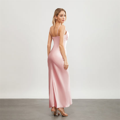 Satin Dresses - Backless Spaghetti Straps Party Long Dresses 2024 New Evening Gown Satin Vestidos Women's Cowl Neck Slip Wrap Dress