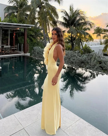 Mozision Mesh Rose Deep V Neck Sexy Maxi Dress For Women Gown Elegant Halter Sleeveless Backless Bodycon Club Party Long Dress